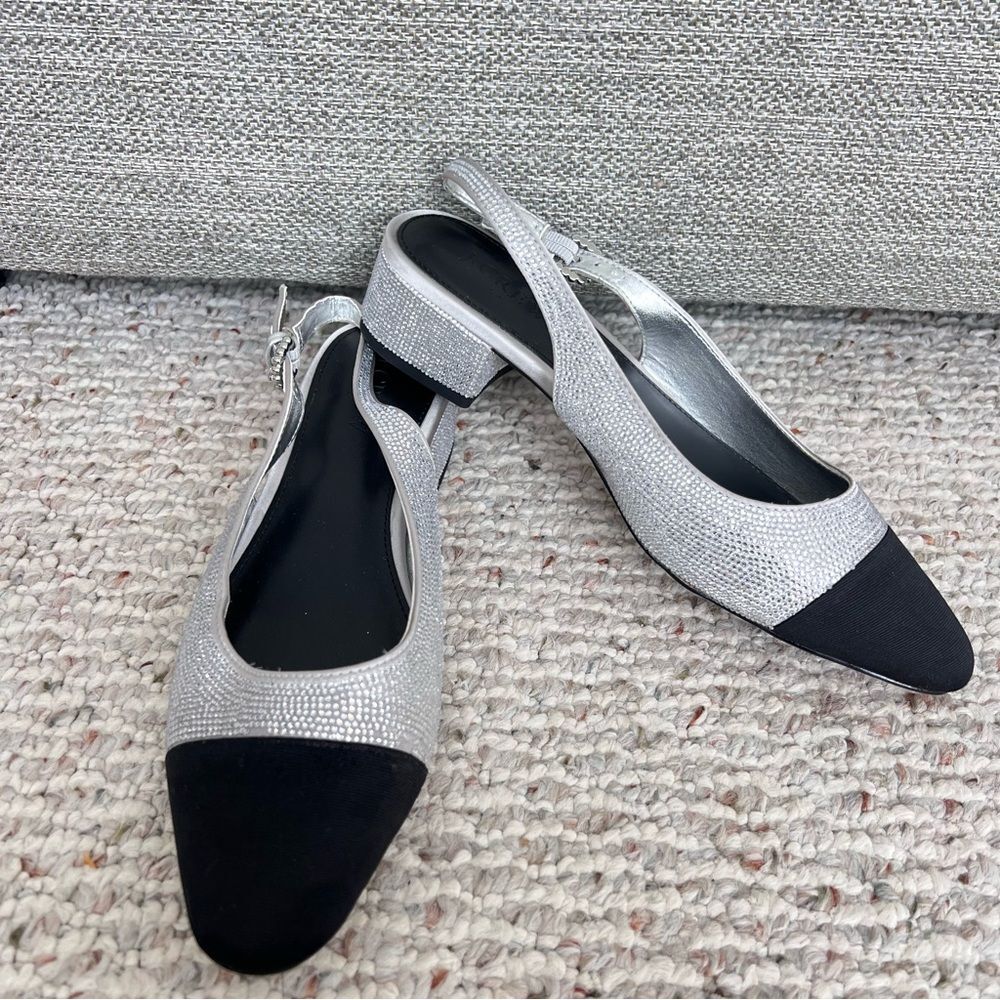 J. Crew Rhinestone Silver Black Low Block Heel Slingbacks